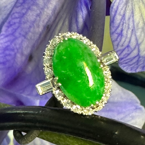 Platinum Jade and Diamond Good-Fortune Ring Size 5.5